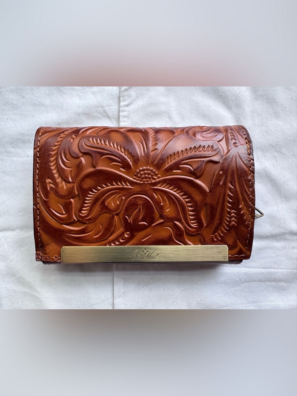 Patricia Nash Tooled Floral Leather Half Wallet in Cognac Brown